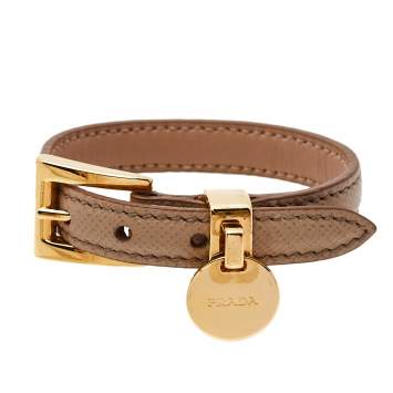 Pre Owned Prada Dusty Pink Saffiano Leather Gold Tone Logo Charm Bracelet