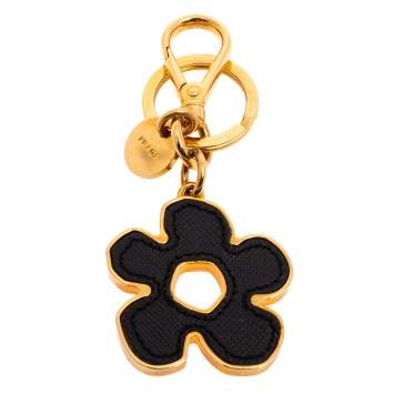 Pre Owned Prada Black Saffiano Leather Flower Bag Charm/Key Ring