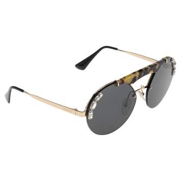 Pre Owned Prada Gold Tone/Grey Crystal Ornate SPR52U Round Sunglasses