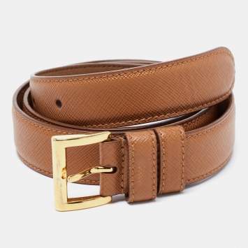 Pre Owned Prada Brown Saffiano Leather Slim Belt 85CM