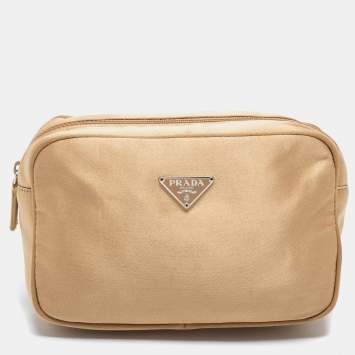 Pre Owned Prada Beige Satin Logo Cosmetic Pouch 