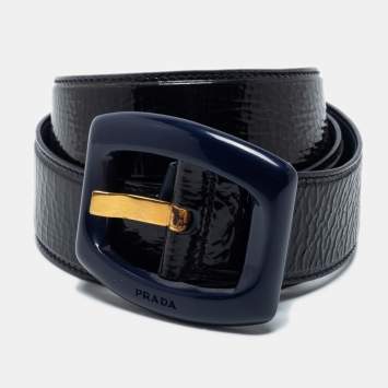 Pre Owned Prada Navy Blue Patent Leather Buckle Belt 85CM