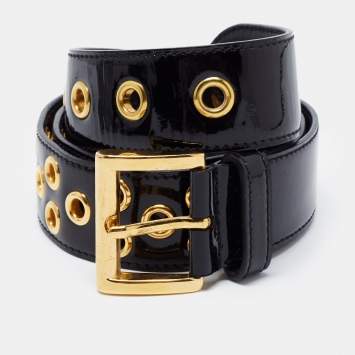 Pre Owned Prada Black Eyelet Patent Leather Buckle Belt 80CM