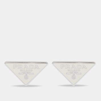 Pre Owned Prada Silver Logo Enamel Triangle Symbole Stud Earrings
