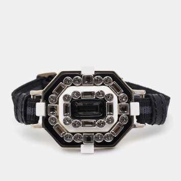 Pre Owned Prada Black Crystal Resin Enamel Embellished Silver Tone Adjustable Cord Bracelet