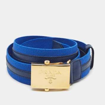 Pre Owned Prada Two Tone Blue Elastic Fabric and Saffiano Leather Buckle Belt Size 85CM