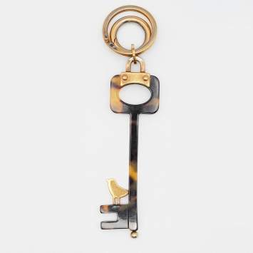 Pre Owned Prada Brown Tortoiseshell Acetate Gold Tone Key & Bird Keyring