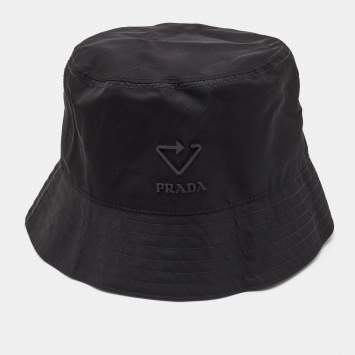 Pre Owned Prada Black Nylon Logo Plaque Bucket Hat
