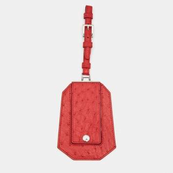 Pre Owned Prada Red Ostrich Leather Luggage Name Tag