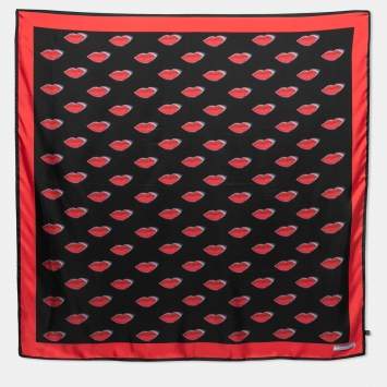 Pre Owned Prada Black Lips Printed Silk Square Scarf