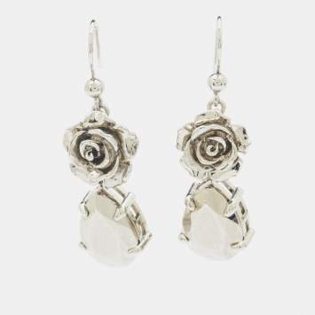 Pre Owned Prada Sterling Silver Rose & Crystal Drop Earrings