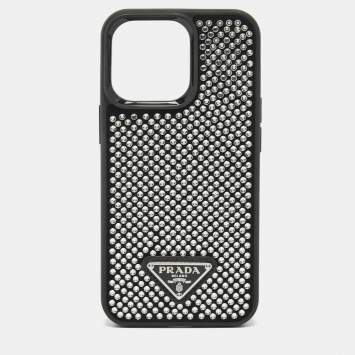 Pre Owned Prada Black/Silver Rubber Crystals Embellished iPhone 13 Pro Case