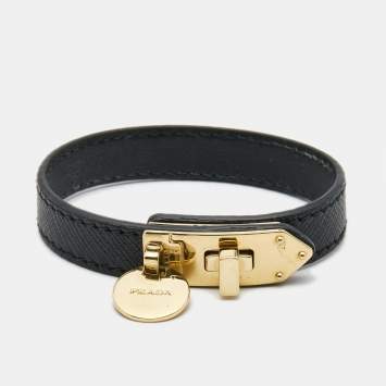 Pre Owned Prada Leather Gold Tone Turn-Lock Bracelet 