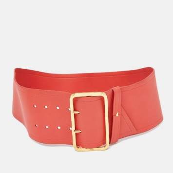Pre Owned Prada Coral Orange Leather Wide Buckle Belt 85CM