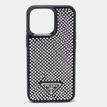 Pre Owned Prada Black/Silver Rubber and Suede Crystals Embellished iPhone 13 Pro Case