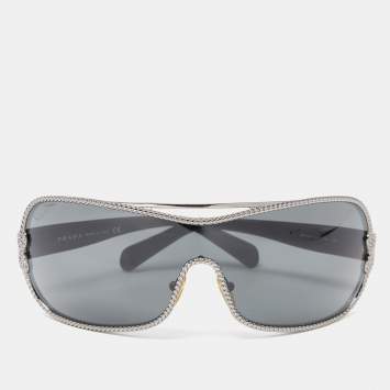 Pre Owned Prada Black Acetate Black Tone Metal SPR62H 5AV-1A1 Shield Sunglasses