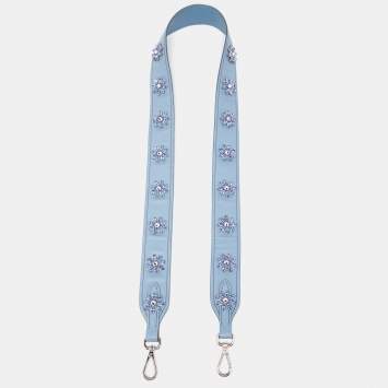 Pre Owned Prada Light Blue Saffiano Leather Crystals Embellished Shoulder Bag Strap