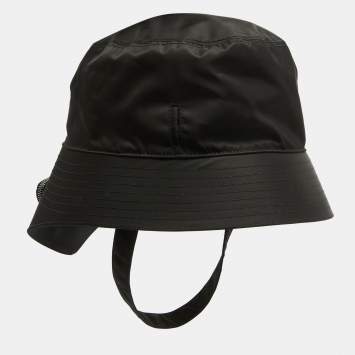 Pre Owned Prada Black Re-Nylon Triangle Logo Detail String Bucket Hat XL