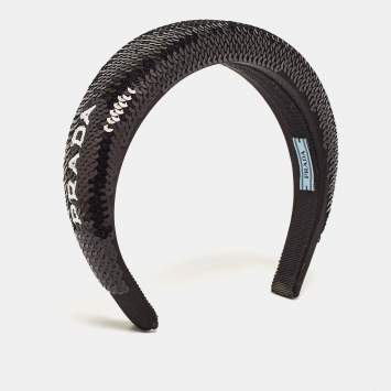 Pre Owned Prada Black Sequined Logo Detail Headband