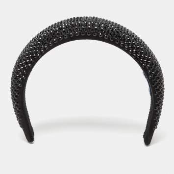 Pre Owned Prada Black Crystal Embellished Satin Wide Headband