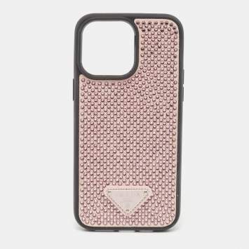 Pre Owned Prada Pink/Black Suede Crystals Embellished iPhone 14 Pro Max Cover