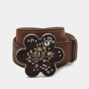 Pre Owned Prada Brown Leather Floral Embellished Metal Belt 85CM