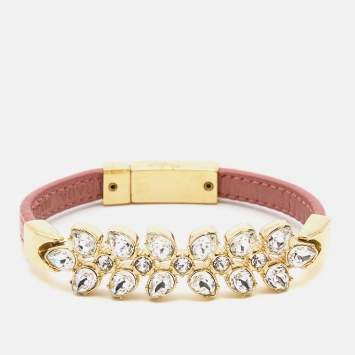 Pre Owned Prada Chic Crystals  Leather Gold Tone Bracelet S