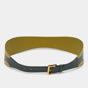 Pre Owned Prada Two Tone Green Leather Wide Buckle Belt 80CM