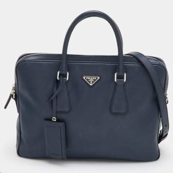 Pre Owned Prada Work Navy Blue Saffiano Leather Briefcase