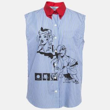 Pre Owned Prada Blue Comic Print Poplin Striped Sleeveless Shirt M
