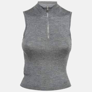 Pre Owned Prada Grey Rib Knit Zipper Sleeveless Top M