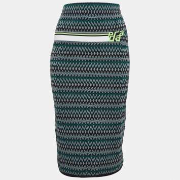 Prada Green Chevron Patterned Knit Midi Skirt M