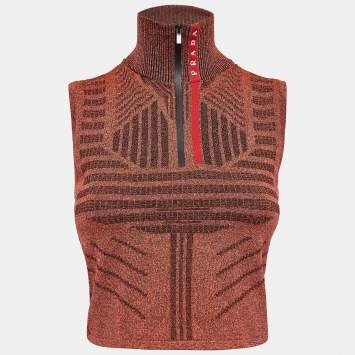 Prada Orange Melange Jersey Zip-Up Sleeveless Top S