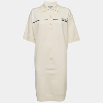 Pre Owned Prada Cream Wool Knit Polo Collar Midi Dress S