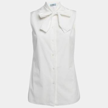 Pre Owned Prada White Cotton Sleeveless Tie-Up Neck Top S