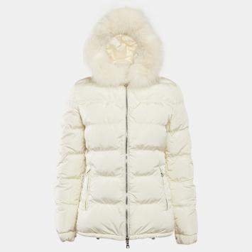 Prada Off-White Synthetic Quilted Fur Trim Hood Down Jacket S