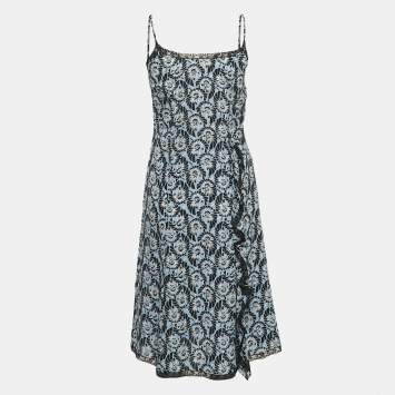 Prada Blue Floral Print Silk Ruffled Sleeveless Short Dress S