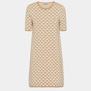 Pre Owned Prada Beige Jacquard Cotton Knit Crewneck Mini Dress M