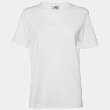 Pre Owned Prada White 3D Logo Interlock Cotton Crew Neck T-Shirt L