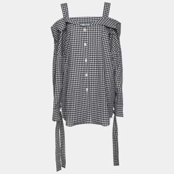 Pre Owned Prada White/Black Gingham Pattern Cotton Off The Shoulder Shirt M