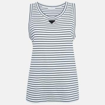 Pre Owned Prada White Striped Cotton Triangle Logo Detail Tank Top XL