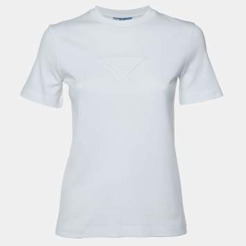 Pre Owned Prada White Logo Embossed Cotton T-Shirt XXS