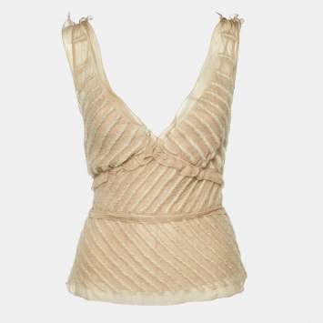 Pre Owned Prada Beige Embroidered Chiffon Silk Sleeveless Top S