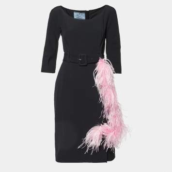 Prada Pink Crepe Detachable Feather Trim Belted Knee-Length Dress M
