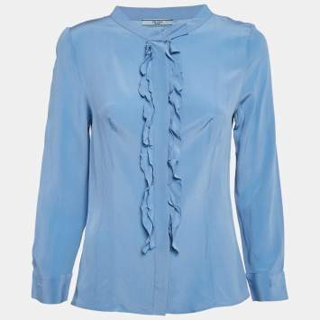 Prada Blue Silk Ruffled Button Front Blouse M