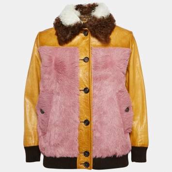 Pre Owned Prada Mustard Yellow Leather and Fur Paneled Jacket S