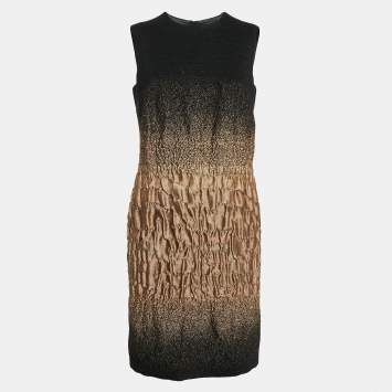 Pre Owned Prada Black/Gold Ombre Crinkled Wool Sleeveless Knee Length Dress M