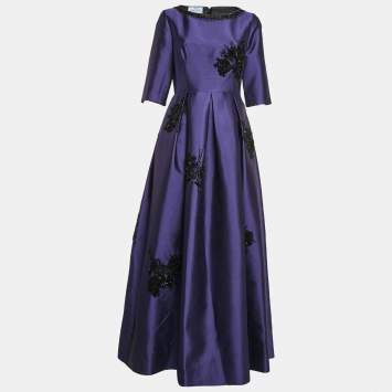 Pre Owned Prada Blue Bead Embellished Wool and Silk Pleated Gown M