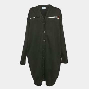 Pre Owned Prada Black Logo Intarsia Wool Knit Long Cardigan S