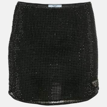 مملوكة مسبقًا Prada Black Rhinestone Mesh Mini Skirt S